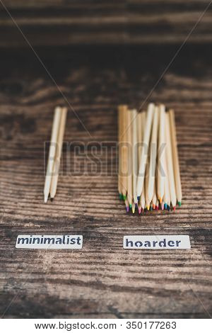 Minimalist Vs Hoarder Lifestyle, 2 Tidy Pencils Vs Messy Group Of All Colors