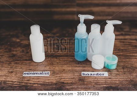 Minimalist Vs Hoarder Lifestyle, One Beauty Product Essential Vs Group With Different Types Of Lotio
