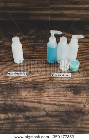 Minimalist Vs Hoarder Lifestyle, One Beauty Product Essential Vs Group With Different Types Of Lotio