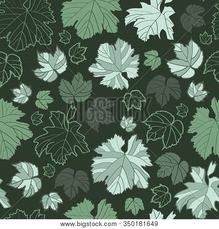 Vector Dark Green Grape Leafes Seamless Pattern Print Background.