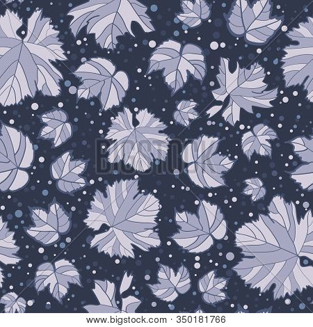 Vector Dark Purple Grape Leafs Seamless Pattern Print Background.