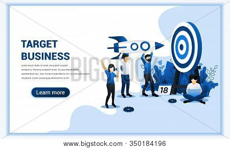 Reach The Target Concept. People Holding A Rocket Aimed At The Target Board. Hit The Target, Busines