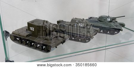 Sukhoy Log, Russia - June 26, 2019: Miniature Model Of Russian Millitary Tanks