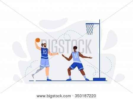 Two Basketball Players With Ball Playing Game, Good Teamwork, Muscular Disabled Athletic Man Or Spor