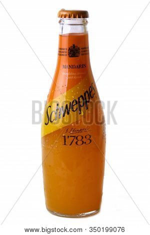 Mersin, Turkey - February 2020. Chilled Tangerine Schweppes Bottle With Water Drops And Inscriptions