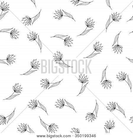 Seamless Pattern Of Doodle Flower Icon Lotus. Hand Drawn Line Brush Element For Wedding, Birthday, G