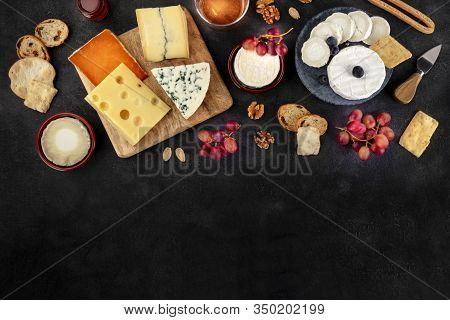 Cheese Assortment Design Template. Blue Cheese, Soft Cheese, Wine, Grapes, Shot From The Top On A Bl