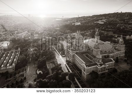 National Art Museum of Catalonia aerial view at sunrise in Montjuic Barcelona