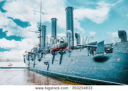 Cruiser Avrora In The Neva River, City Saint Petersburg. Russia.