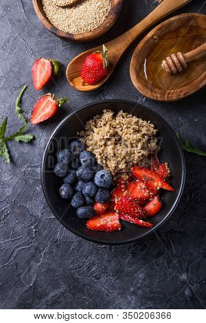 Healthy Vegan Diet Salad Quinoa With Blueberry,strawberry, Honey And Chia Seeds. Concept Sooper Food