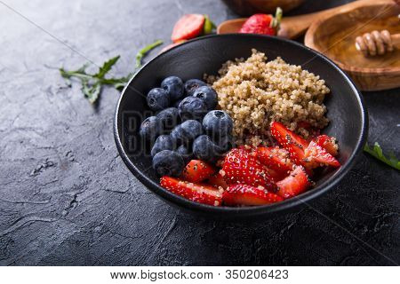 Healthy Vegan Diet Salad Quinoa With Blueberry,strawberry, Honey And Chia Seeds. Concept Sooper Heal