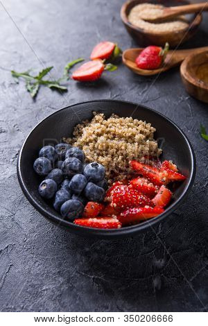 Healthy Vegan Diet Salad Quinoa With Blueberry,strawberry, Honey And Chia Seeds. Concept Sooper Food
