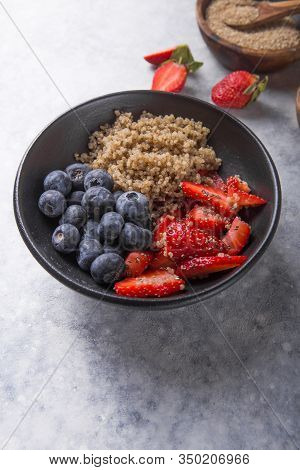 Healthy Vegan Diet Salad Quinoa With Blueberry,strawberry, Honey And Chia Seeds. Concept Sooper Food