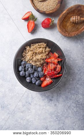 Healthy Vegan Diet Salad Quinoa With Blueberry,strawberry, Honey And Chia Seeds. Concept Sooper Food