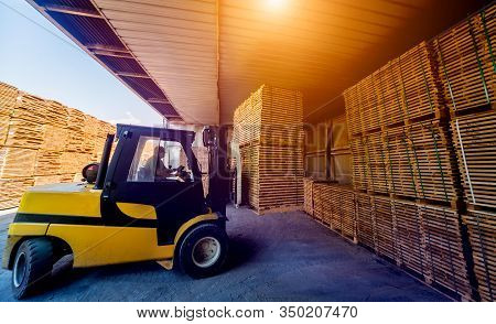 Forklift Loader Load Lumber Into A Dry Kiln. Wood Drying In Containers.