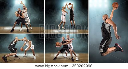Collage of Caucassian Basketball Players in dynamic action with ball in professional sport game under hall light.