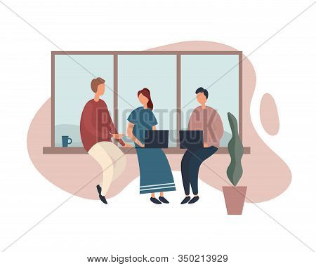 Colleagues Coworking Near Window In Workplace. Vector Illustration