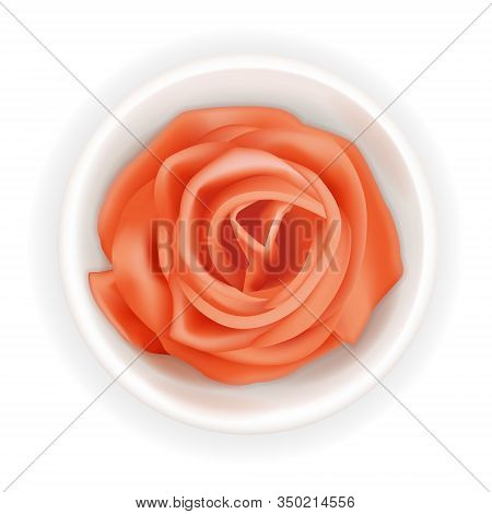 Realistic 3d Pickled Ginger Rose In A Round Bowl. Pink Sushi Condiment Isolated On White Background.