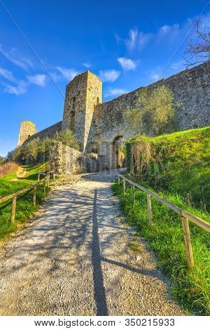Monteriggioni Medieval Fortified Village With City Walls And Towers, On The Route Of The Via Francig