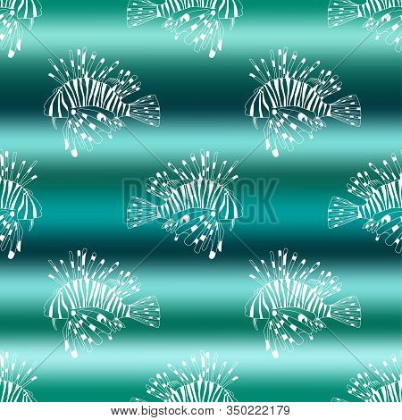 Vector Illustration Of Marine Seamless Pattern. White Sketch Lion Fish Of Gradient Green Sea Wave Ba