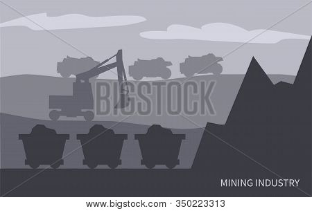 Mining Industry Works On Field. Excavator And Mine, Wagons With Loaded Mineral Resources Or Coal. Ex