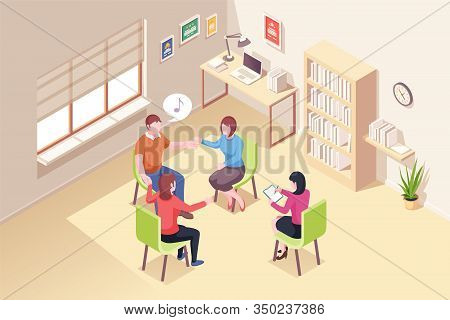 People At Group Psychotherapy Session, Vector Isometric Design. Psychologist Doctor And Patients Sup