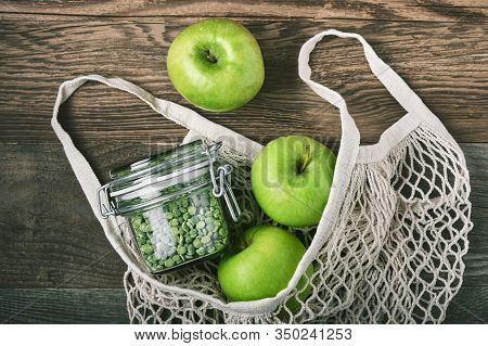 Zero Waste, Plastic-free And Eco-friendly Lifestyle And Shopping. Cotton Mesh Bag, Products In Glass