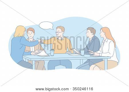 Business, Team, Negotiation, Interview Concept. Team Of Young Boys And Girls Have Business Meeting A