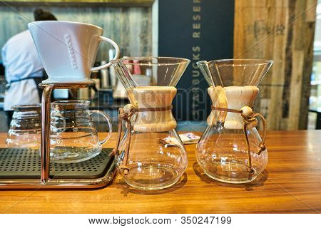 SHENZHEN, CHINA - CIRCA NOVEMBER, 2019: Chemex coffeemakers on display at Starbucks Reserve in Shenzhen.