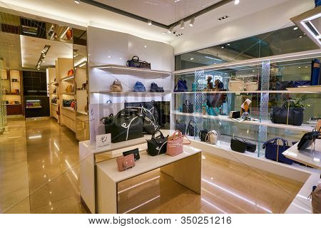 HONG KONG, CHINA - CIRCA JANUARY, 2019: interior shot of Longchamp store in New Town Plaza shopping mall in Hong Kong.