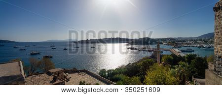 Panoramic View Of Southwest Coast Into The Aegean Sea From Bodrum Castle On Sunny Day. Tureky.