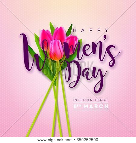 8 March. Womens Day Greeting Card Design With Tulip Flower. International Female Holiday Illustratio