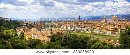 Panoramic View, Aerial Skyline Of Florence Firenze On Blue Backdrop. Famous European Travel Destinat