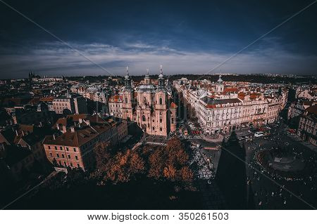 Aerial View Of Saint Nicholas Church (czech: Kostel Svateho Mikulase) And Old Town Square (staromest