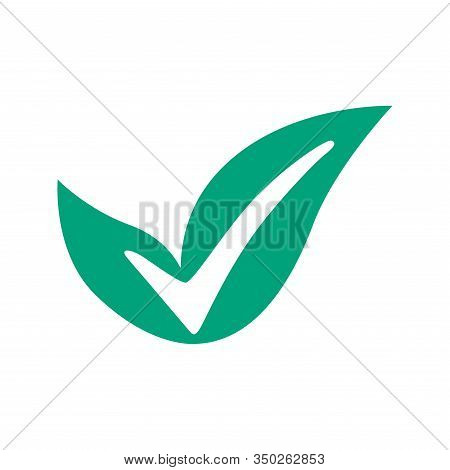 Icon Of Green Leaves And Check. Flat And Green Design.