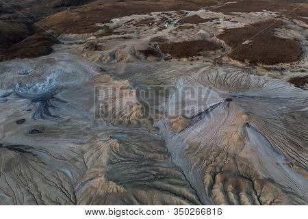 Beautiful Aerial View Of A Lunar Landscape  Over The Muddy Volcanoes, Paclele, Berca, Buzau County, 