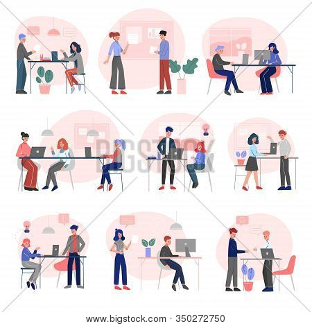 Office Emloyees At Work Set, Business Colleagues Characters Working In Creative Coworking Space, Mod