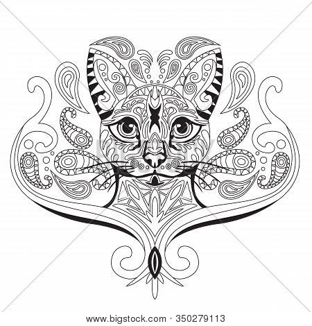 Vector Hand Drawing Zentangle Coloring Antistress With Ornamental Cat Portrait Isolated On White Bac