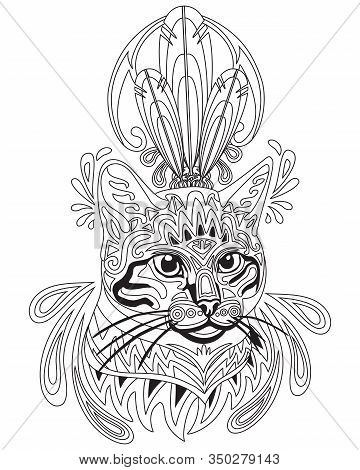 Vector Hand Drawing Zentangle Doodle Coloring Antistress With Ornamental Cat Portrait Isolated On Wh