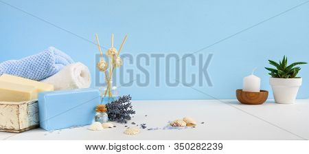 Natural Aromatherapy And Body Care Bath Soaps. Lavender Spa Treatment, Towels, Sea Salt And Dried He