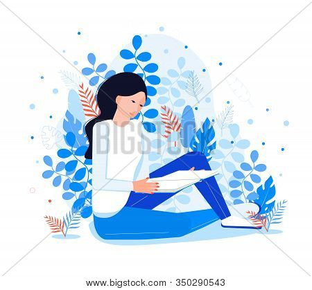Introvert Reads A Book. Pretty Girl Like Reading. Fantasy Literature World In Her Mind On A Blue Flo