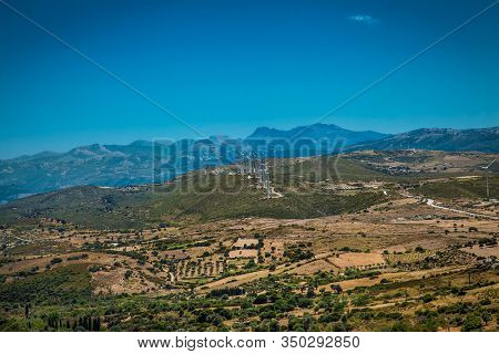 Panoramic view  of Evia island  with the Wind turbines on a sunny day. Evia . Greece. 
