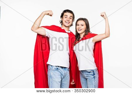 Young Couple Wear In Super Hero Cout Show The Power Isolated On White Background