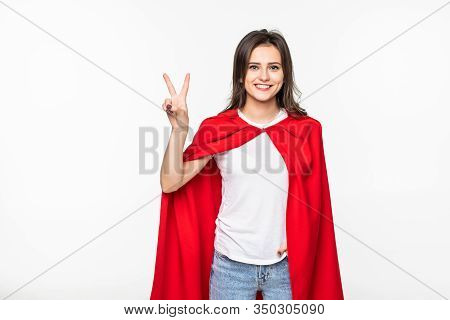 Young Woman Her Wear In Hero Cout Isolated On White Background