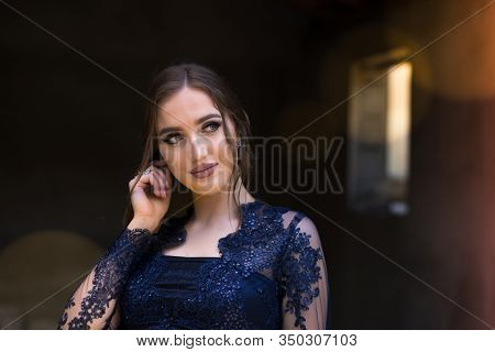 Close Up Portrait Of Beautiful Teen Girl In Beautiful Ultramarine Prom Dress Prom Dress. Glamorous H
