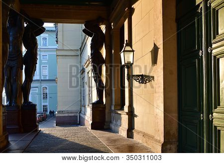 Saint Petersburg, Russia - January 32, 2020: Atlas (atlant) Granite Sculptures Of A Man Supporting C