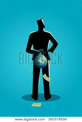 Business Concept Illustration Of A Man Hiding A Money Bag Behind His Back For Tax Evasion Concept