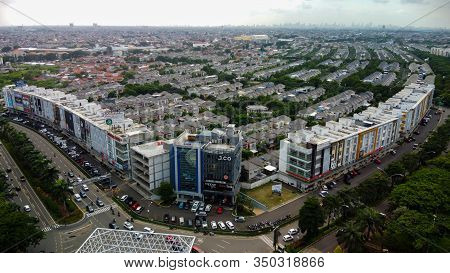 Bekasi, West Java, Indonesia - February 12 2020: Skyline Aerial Shot. Residential Environment At Sum