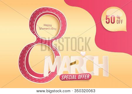 Super Sale With Special Offer 50 For 8 March International Women's Day. Greeting Card With Shining G