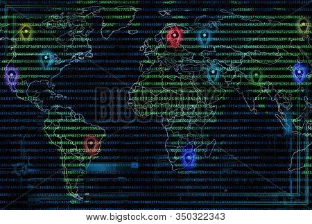 World Map With Geo Pins And Computer Code Overlay. Navigation And Geolocation Concept Illustration. 
